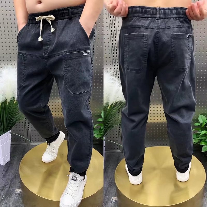 大码工装弹力牛仔裤男士宽松耐磨干活裤子加肥加大肥胖哈伦休闲裤|undefined