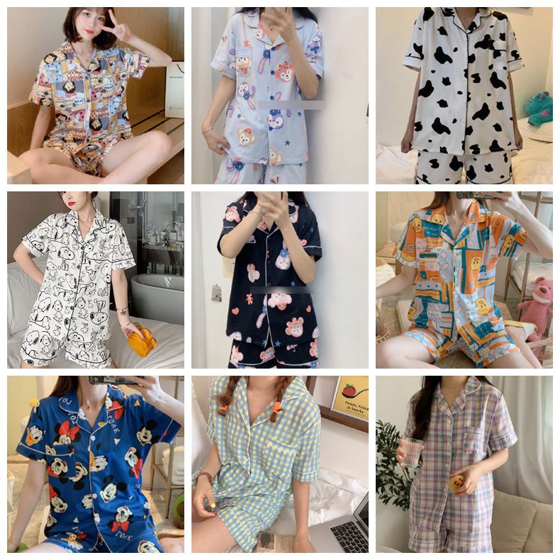 Pijamas de verano de las mujeres de manga corta linda chica Corazón de dibujos animados solapa desgaste del hogar WeChat transmisión en vivo en línea traje de entrega de una pieza