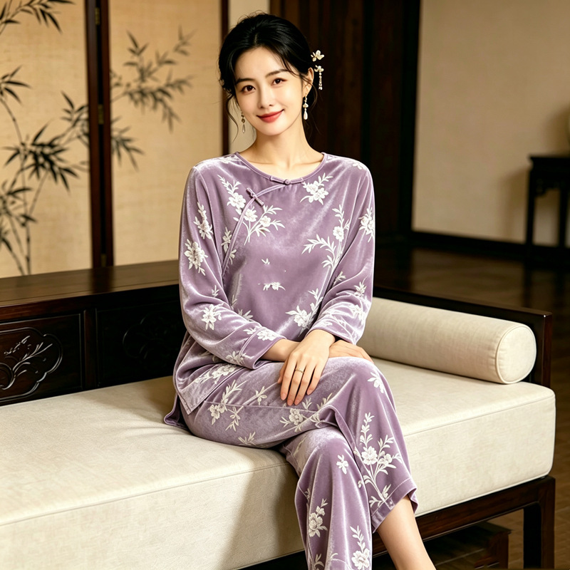 Women's Pajamas Spring and Autumn Gold Velvet New Chinese Style Plus Size for Curvy Women 100kg Autumn and Winter Women's Loungewear Women's Pajamas Spring and Autumn Gold Velvet New Chinese Style Plus Size for Curvy Women 100kg Autumn and Winter Women's Loungewear