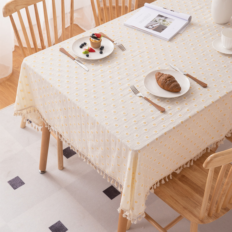 Pastoral Style Fresh Simple All-cotton Jacquard Printed Cream-colored Sunflower Rectangular Tablecloth For Coffee And_voghion.com