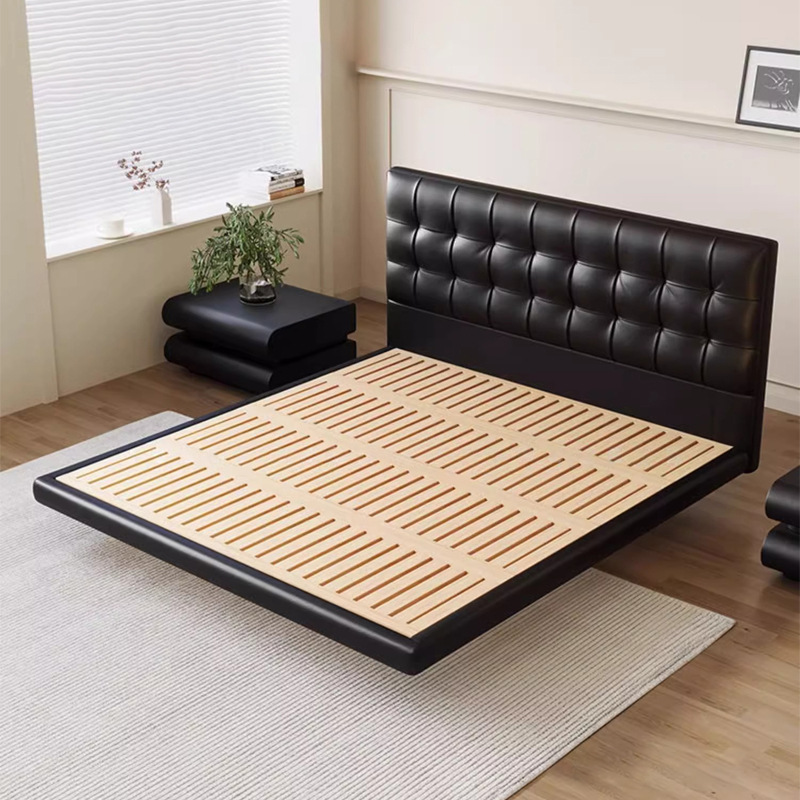 Cama flotante retro, cama de cuero de waffle, cama de cuero de vaca negra, cama flotante, cama doble.