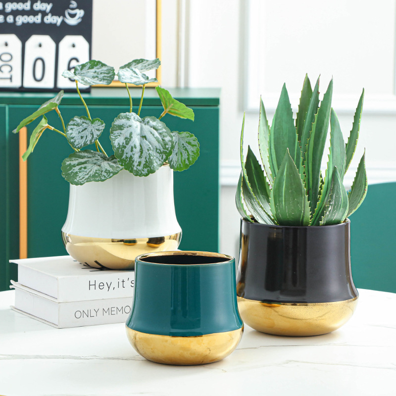 Custom Electroplated Gold Ceramic Flower Pot, Simple Vase Container, Gold-Rimmed Flower Vessel, White and Black Ink Nordic Light Luxury Flower Tray