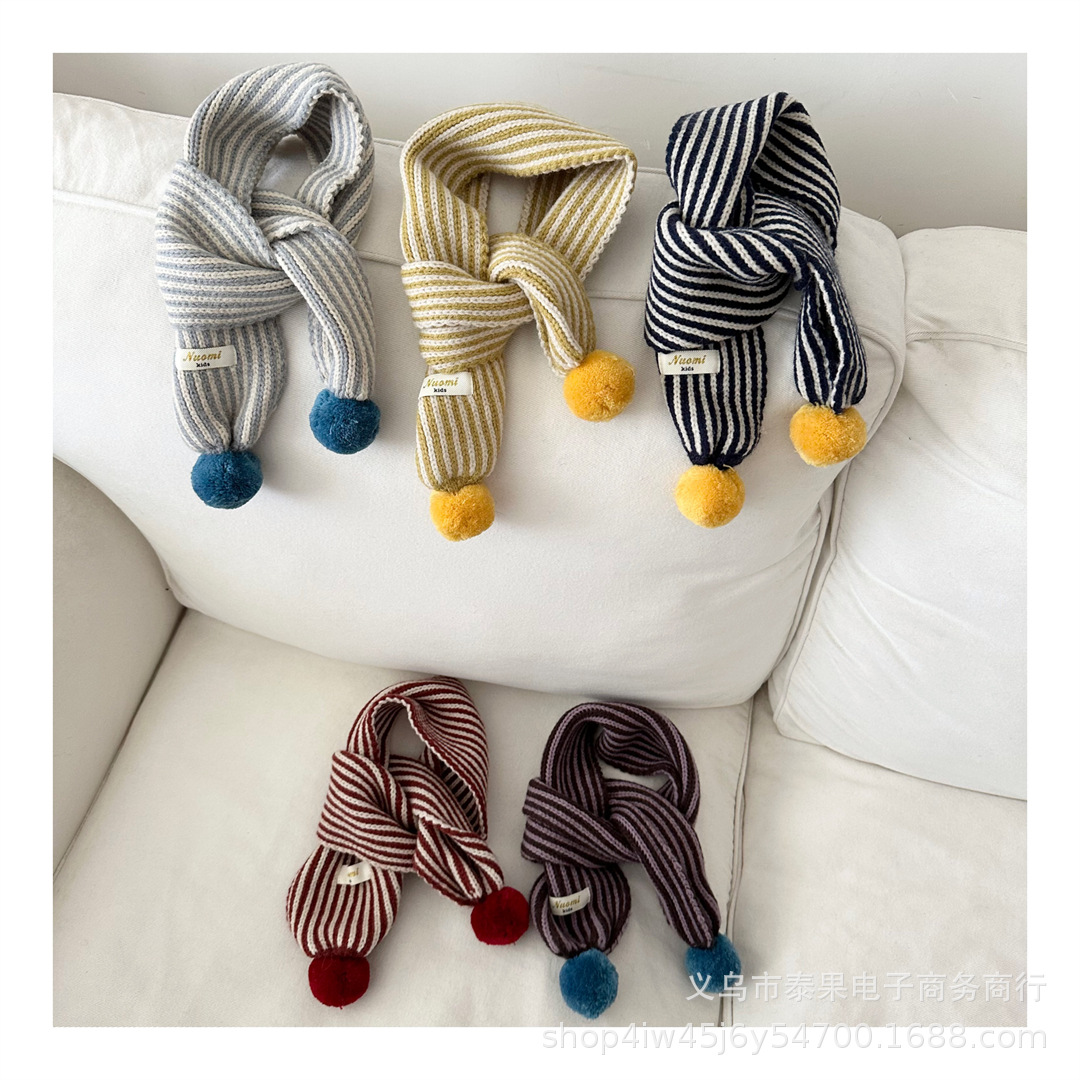 Korean-Style Ins Children's Vertical Striped Trendy Pom-Pom Warm Neck Scarf for Boys and Girls Daily Wear Small Scarf