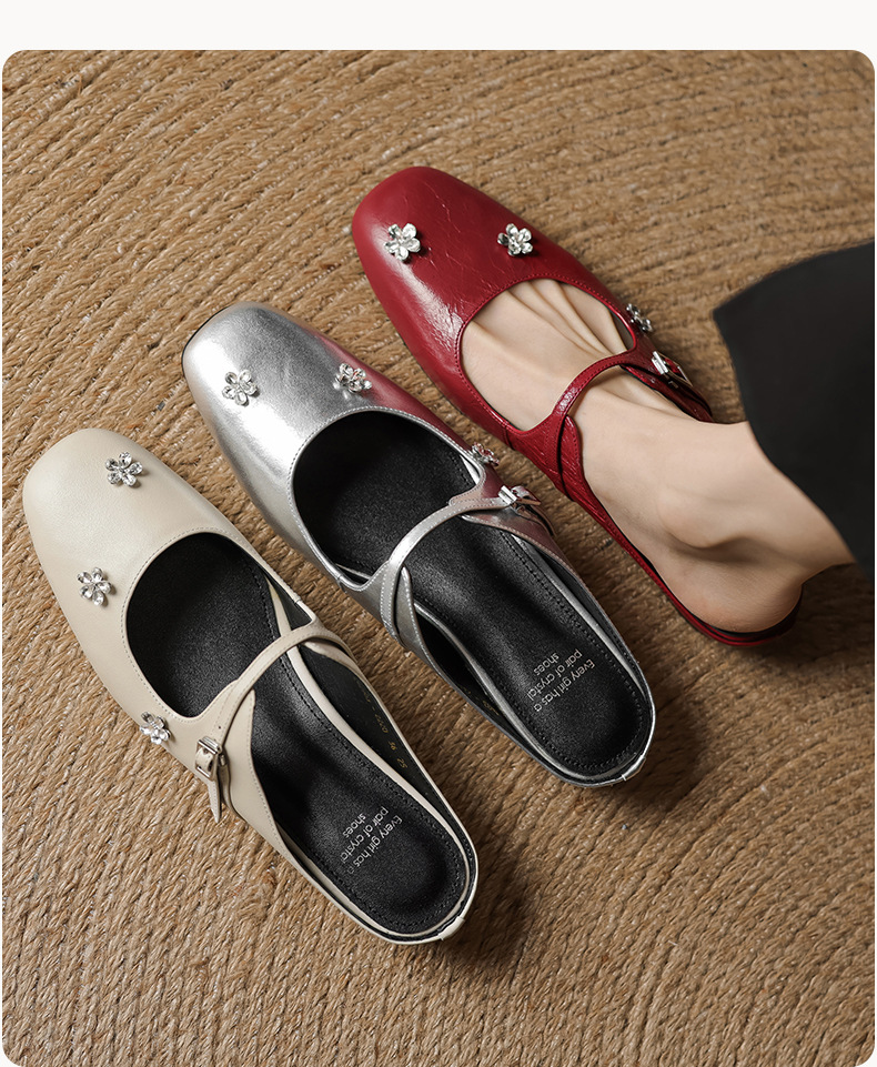 Sandal mule nữ gót thấp mũi kín đính đá pha lê màu rượu vang đỏ — Rượu vang đỏ chi tiết 5
