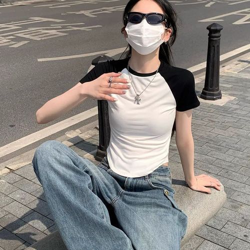 Irregular Raglan Sleeve T-shirt Women's 2024 Summer New Short Slim Fit Short Sleeve Design Student Top