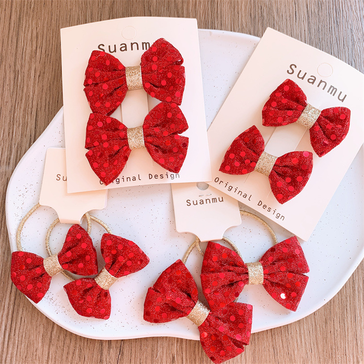 Children's New Year Red Festive Glitter Bow Hair Clips and Hair Bands for Girls, Pair, for Tying Hair, Rubber Bands and Hair Pins