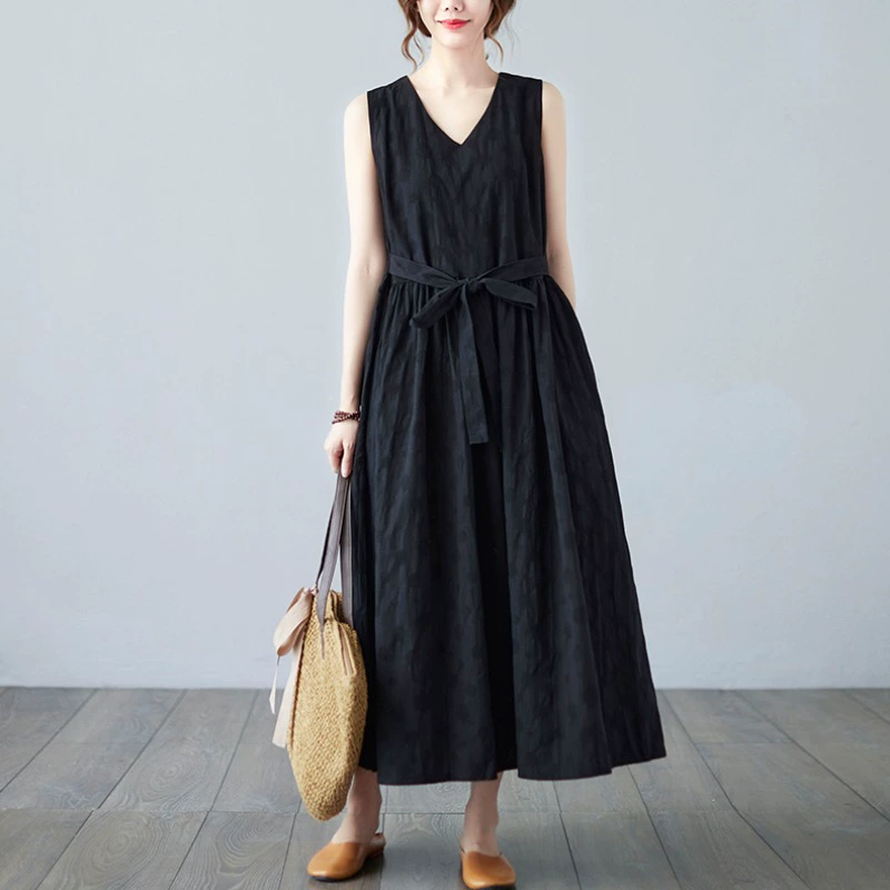 Летнее платье на подтяжках из хлопка и льна, льняное платье без рукавов с жаккардовым принтом больших размеров.