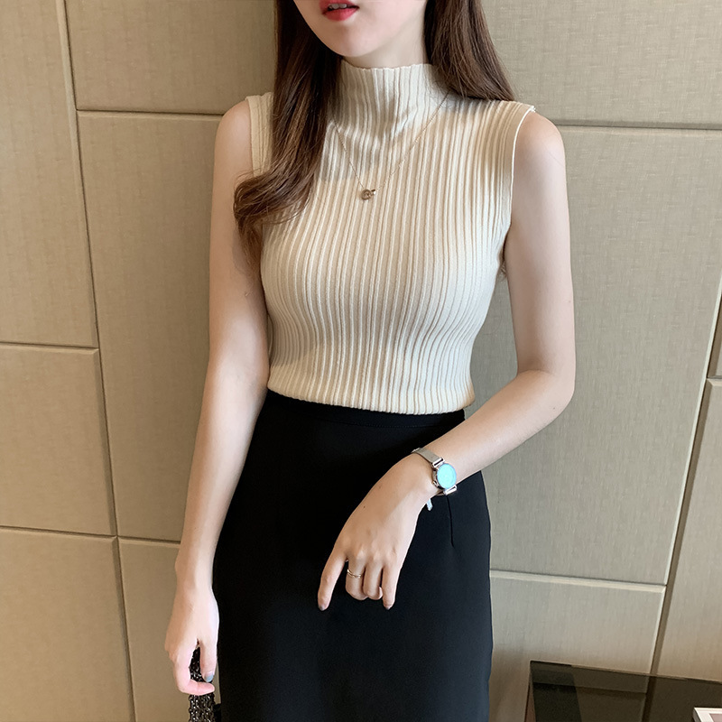 Core-spun Yarn Light Luxury Elegant Elegant Small High Collar Sleeveless Inner T-shirt Women's All-match Knitted Base Shirt Slim-fit Sleeveless Core-spun Yarn Light Luxury Elegant Elegant Small High Collar Sleeveless Inner T-shirt Women's All-match Knitted Base Shirt Slim-fit Sleeveless