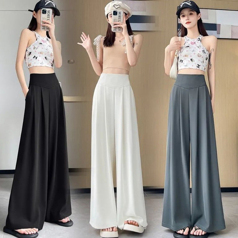 2025 Summer New High-Waisted Straight Wide-Leg Pants for Women, Stylish Versatile Slimming Floor-Length Pants Cross-Border
