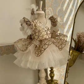 Princess Baby Girls Dress 女童礼服立体装饰网纱蓬蓬公主裙跨境