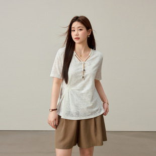 【Subtle Fragrance and Sparse Shadows】New Chinese Style Jacquard Lace V-Neck Knit Sweater Slimming Plus Size Women's Clothing for Plus-Size Women Summer New Style