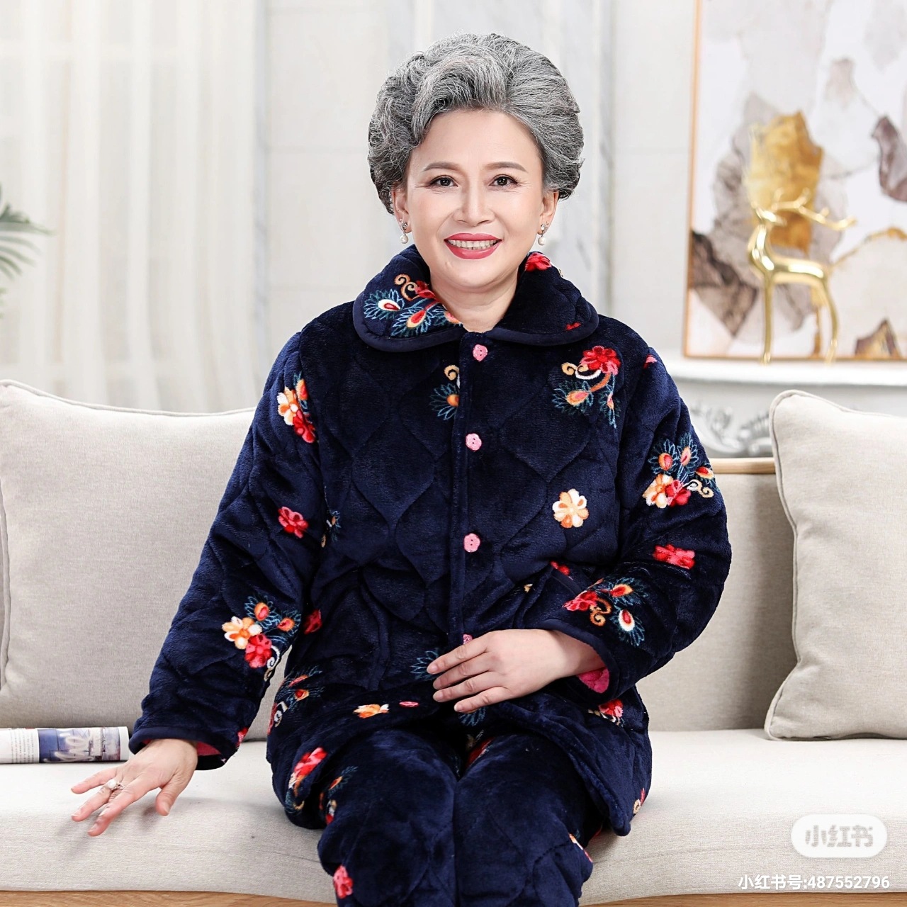 冬季睡衣女夹棉中老年人法兰绒套装三层家居服外穿大棉袄加厚保暖