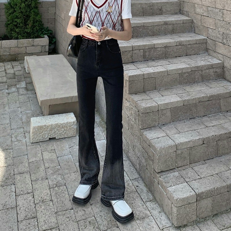 한국식 스트레이트 레그 청바지 여자 가을 새 높은 허리 플러스 사이즈 그라디언트 슬리밍 마이크로 플레어 올 매치 2024 걸레 바지