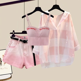 Plus Size Women's Summer Suit Women's New Sun Protection Shirt Slim Vest Versatile Denim Shorts Three-Piece Set