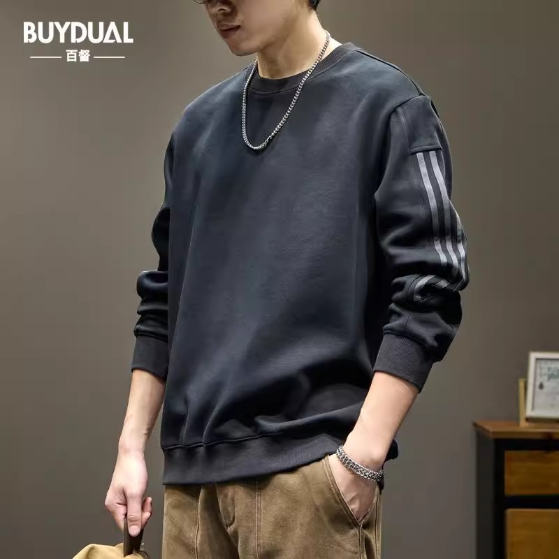 Trendy American-Style Heavyweight Crew Neck Sweatshirt for Men, Autumn 2025 New Loose Striped Casual Long-Sleeve Top Jacket