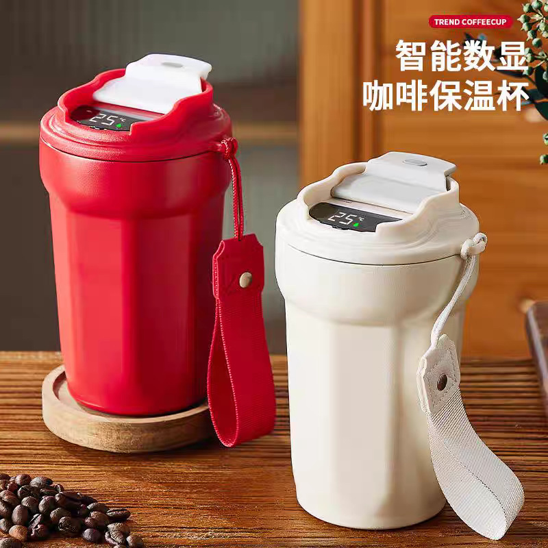 八角咖啡杯智能测温带温显316不锈钢广告保温杯带提绳创意礼品杯|undefined