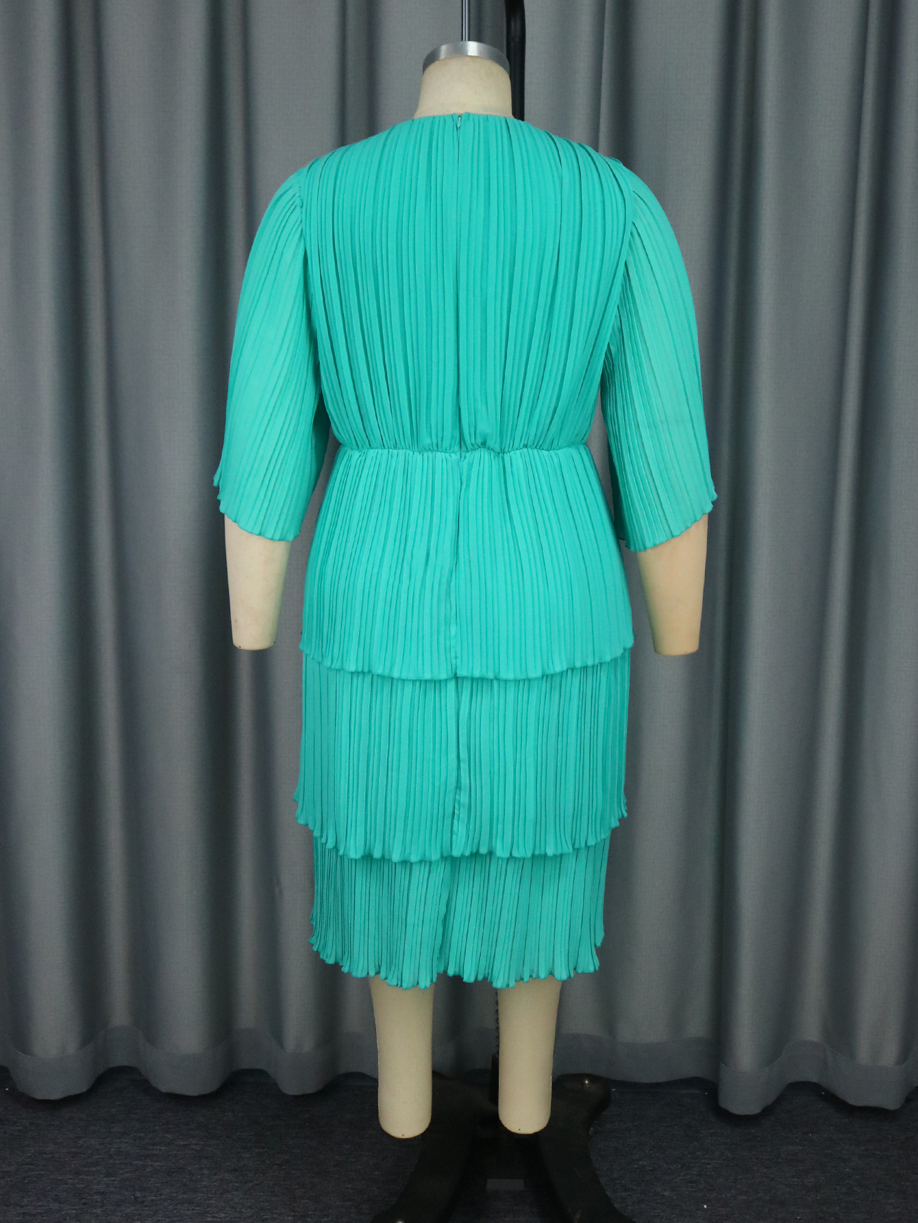 Mint Green V-Neck Belted Dress With Mid-Length Sleeves American Style Casual Elegant Slimming Pleated Cake Dress For Commuting_ecoleips.com