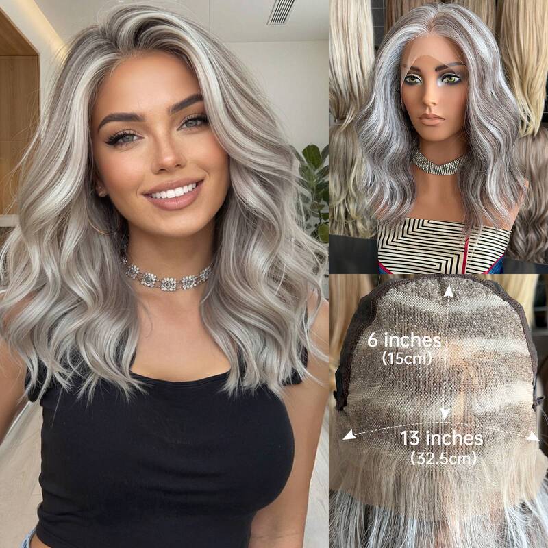 New 13*6 lace wig for women, full head cover, futura imported silk, gray and silver highlights, short curly hair, can be parted as desired New 13*6 lace wig for women, full head cover, futura imported silk, gray and silver highlights, short curly hair, can be parted as desired