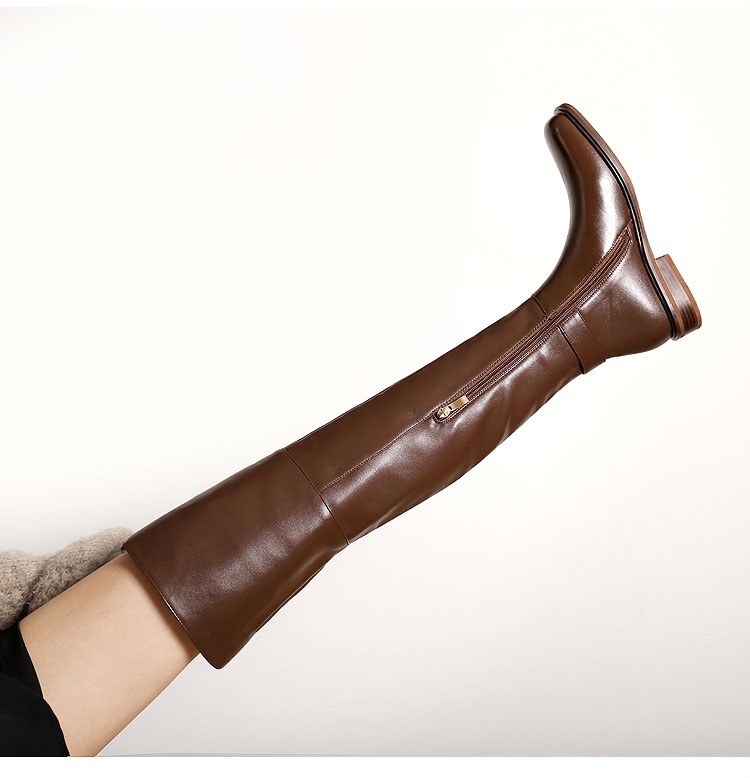 22 New Slim Leg Over Knee Long for Women Low Heel Flat Bottom Black High Barrel Autumn/Winter Single with Velvet Knight_voghion.com