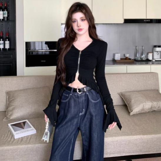 Sexy Hot Girl Short Navel-Baring Bell-Sleeved Zipper Long-Sleeved T-Shirt for Women Early Autumn Chic Sexy Slim Top for Women t Trend