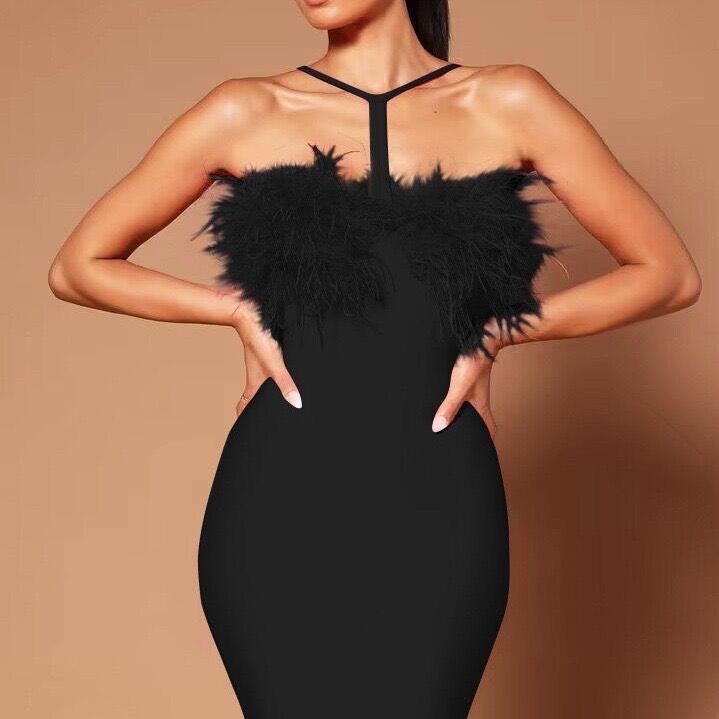 Sensational Halter Neck Feather Trim Bodycon Dress - Deep V Backless Cocktail Dress With Contrast Panel Design_ecoleips.com