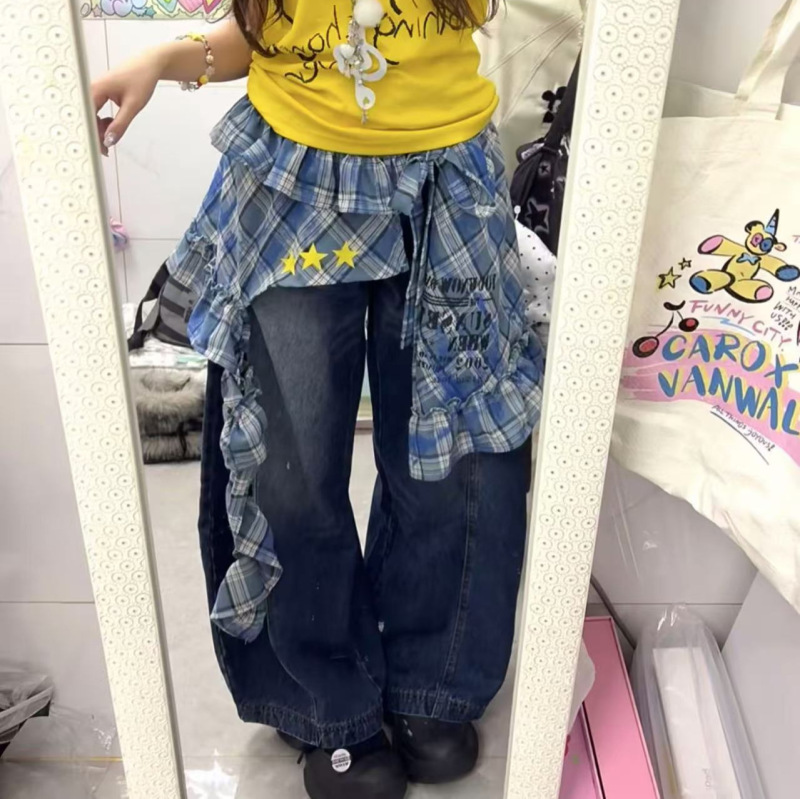 韓国の甘辛スタイルのプリントスターレイヤードよだれかけレーススカート女性の春夏デザインスカート|undefined