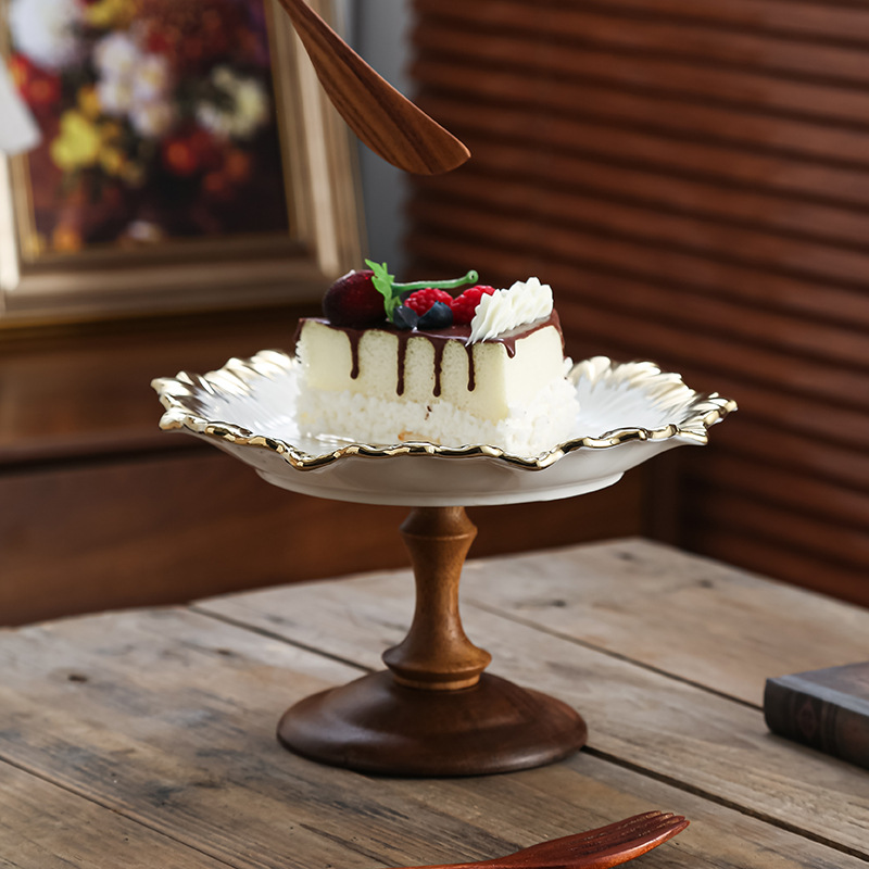 Transfronterizos de cerámica de madera de pie alto bandeja de frutas bandeja de pan dulces postre pastel estante de exhibición bandeja al por mayor