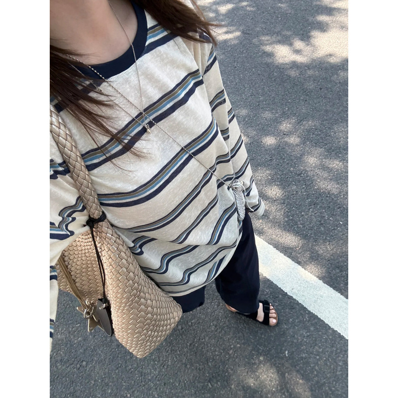 Retro Round Neck Contrasting Color Long-Sleeved Stripesd T-Shirt for Women in Spring and Autum Thin Loose Lazy Versatile Summer Sun Protection Blouse