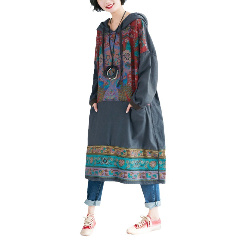 Vestido estilo étnico nuevo de 2025, largo medio, con estampado único de gran tamaño, estilo casual, sudadera con capucha image 1