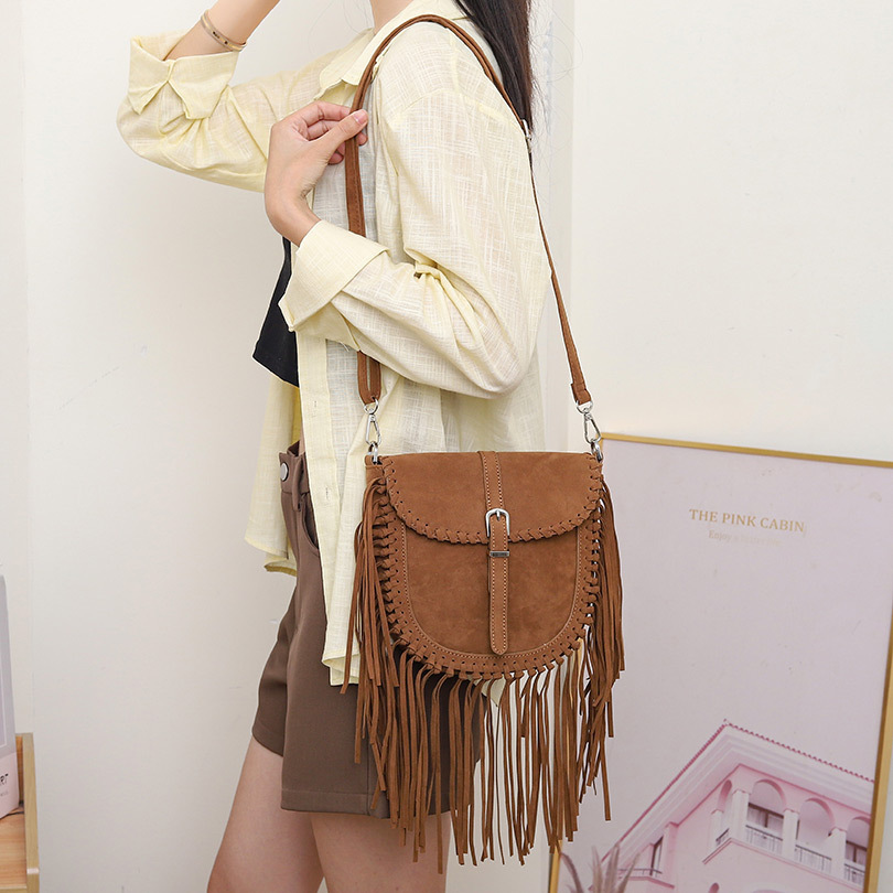 Tassel Handcrafted Faux Suede Saddle Bag For Women, Vintage Ethnic Bohemian Shoulder & Crossbody Bag - Thumbnail 3