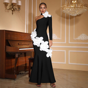 European and American Cross-Border Independent Site One-Shoulder Bandage Dress Heavy-Duty Three-Dimensional Beading Slim Evening High-Definition Dress ​