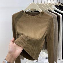 2025春夏新款坑条圆领针织衫女修身套头短款毛衣小个子显瘦打底衫