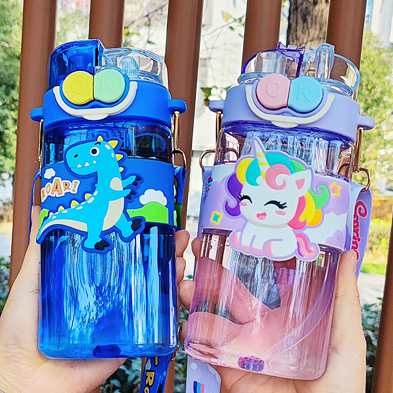 儿童双饮水杯卡通塑料便携吸管杯新款透明塑料杯学生上学专用杯子