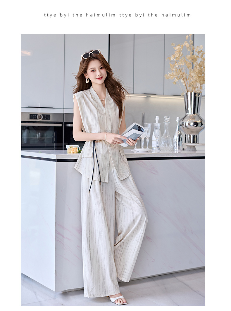 Bộ vest nữ không tay quần ống rộng cao cấp mùa hè 2025 – Áo khoác vest không tay kết hợp quần ống rộng hai mảnh HR1170 — Màu đen, Màu trắng be chi tiết 18