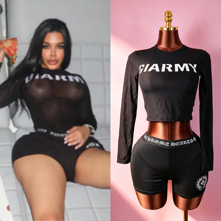 Mh1016 European and American Cross-Border Women's Clothing Sexy See-Through Mesh Printed Round Neck Long-Sleeved Top and Shorts Set Mh1016 European and American Cross-Border Women's Clothing Sexy See-Through Mesh Printed Round Neck Long-Sleeved Top and Shorts Set