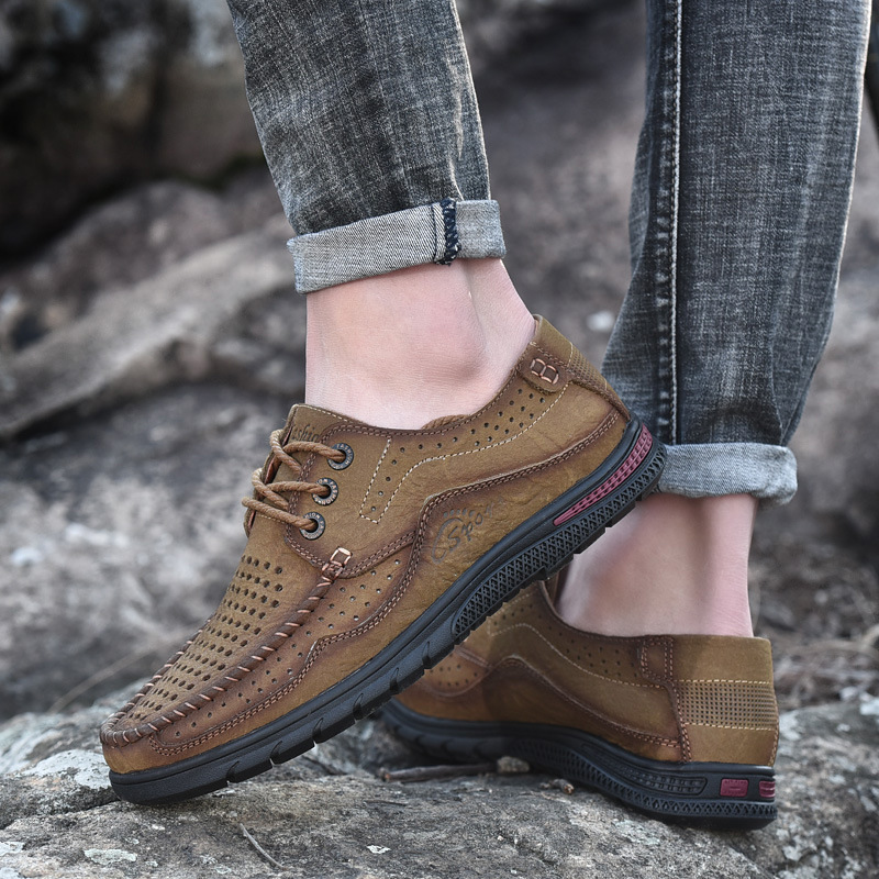 Zapatos de cuero para hombres 2025, nuevos zapatos de cuero transpirables de verano huecos de cuero para hombres, zapatos casuales de cuero de vaca de correa baja image 4