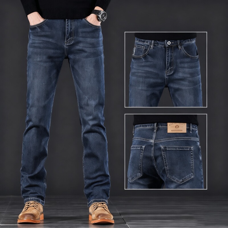 Men's straight-leg jeans, stretchy long pants, loose-fit straight-leg jeans, trendy wide-leg men's long pants, black Men's straight-leg jeans, stretchy long pants, loose-fit straight-leg jeans, trendy wide-leg men's long pants, black
