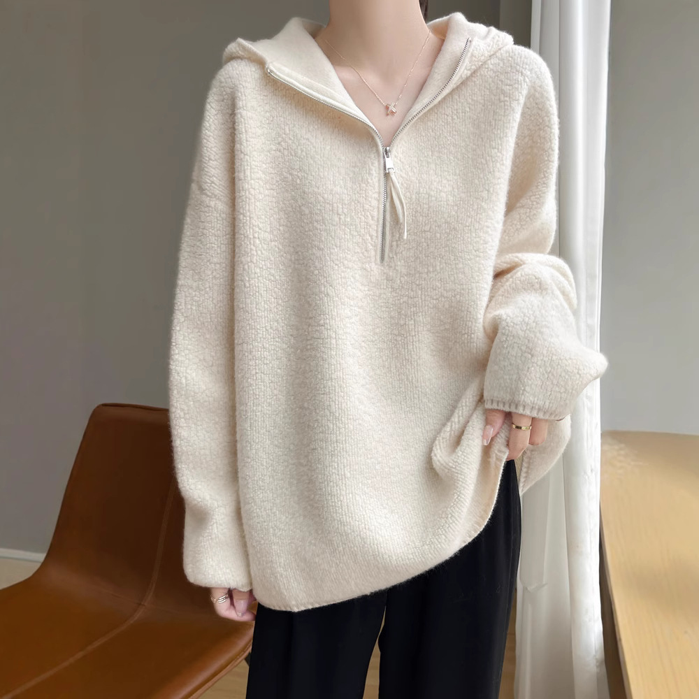 Demi-season woolen knitted sweater with hood