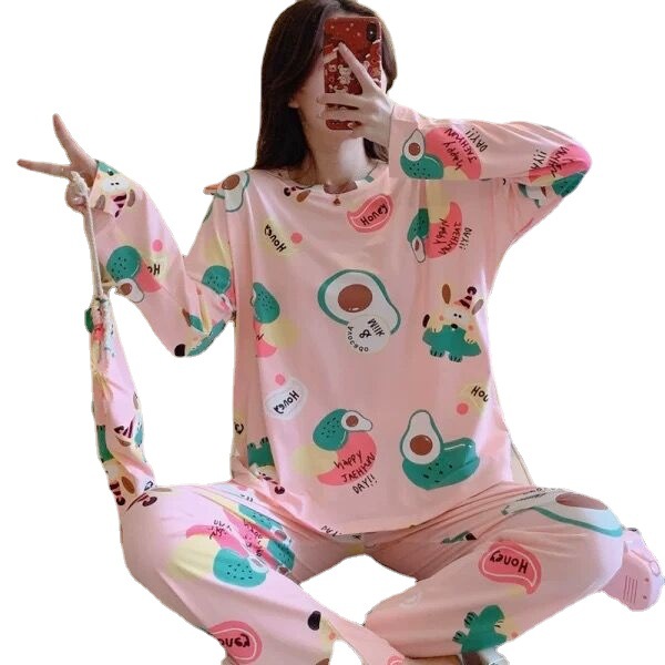 Pijamas de manga larga de las mujeres de primavera y otoño más tamaño pijamas de verano de las mujeres ropa de abrigo estilo coreano pijamas de las mujeres más tamaño traje de desgaste para el hogar