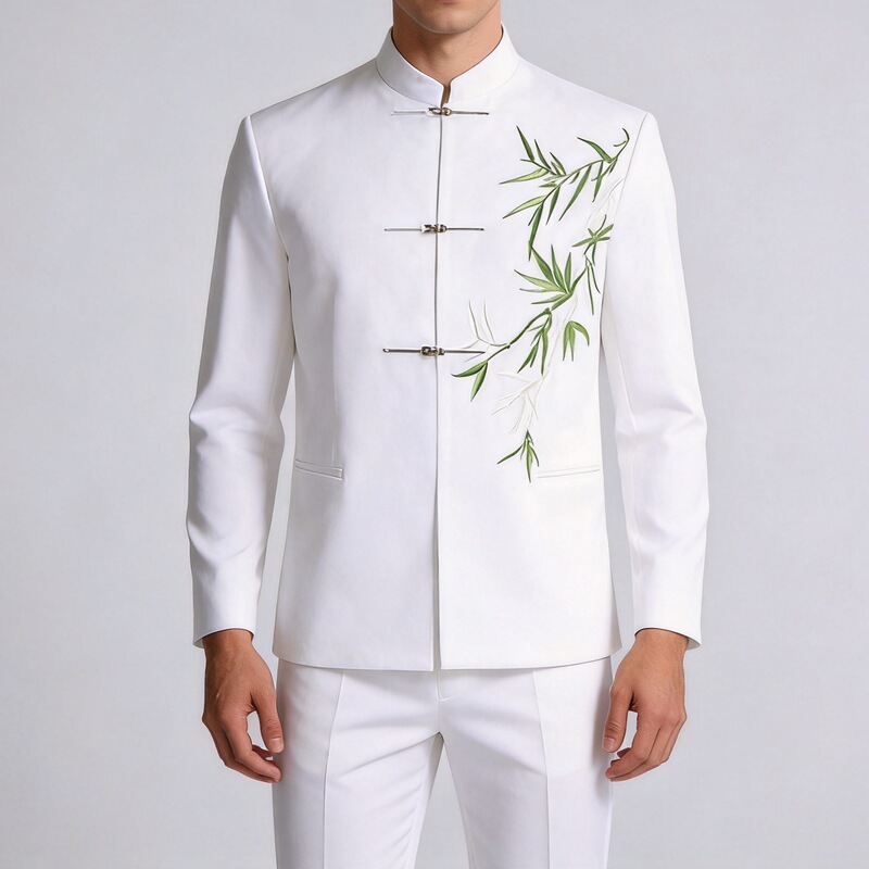 New Chinese-style white suit set, featuring a stand-up collar, autumn collection, exuding a sophisticated and elegant vibe, men's Chinese-style suit with a bamboo motif, a modernized version of the Zhongshan suit New Chinese-style white suit set, featuring a stand-up collar, autumn collection, exuding a sophisticated and elegant vibe, men's Chinese-style suit with a bamboo motif, a modernized version of the Zhongshan suit