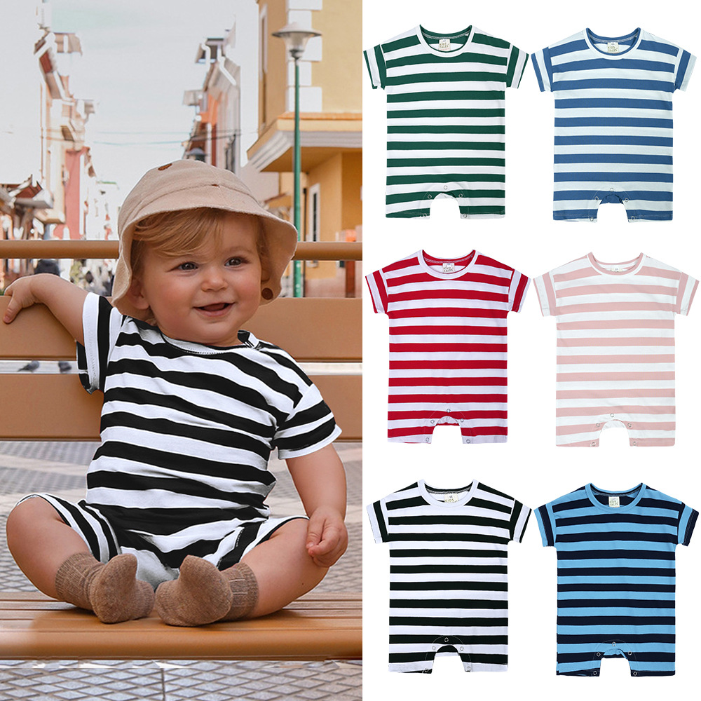 婴儿夏季薄款衣服新生儿外出连体衣婴儿服条纹短袖连体衣批发代理
