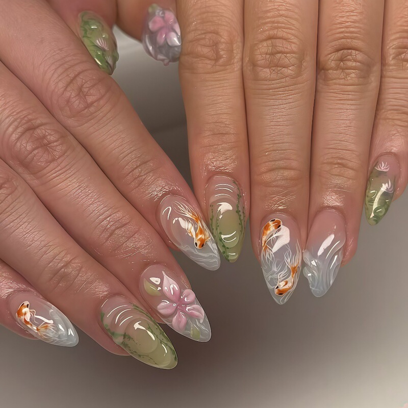 Fresh Pink Flower Manicure 3D Stereo Water Grass Goldfish Glue Wearable Nails Hand-Painted Fake Nails Ep20 Fresh Pink Flower Manicure 3D Stereo Water Grass Goldfish Glue Wearable Nails Hand-Painted Fake Nails Ep20