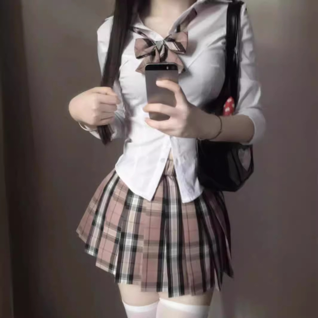대학 스타일 달콤하고 매운 달콤한 JK 세트 셔츠 탑 높은 허리 슬리밍 주름 치마 틈새 우아한 투피스 세트