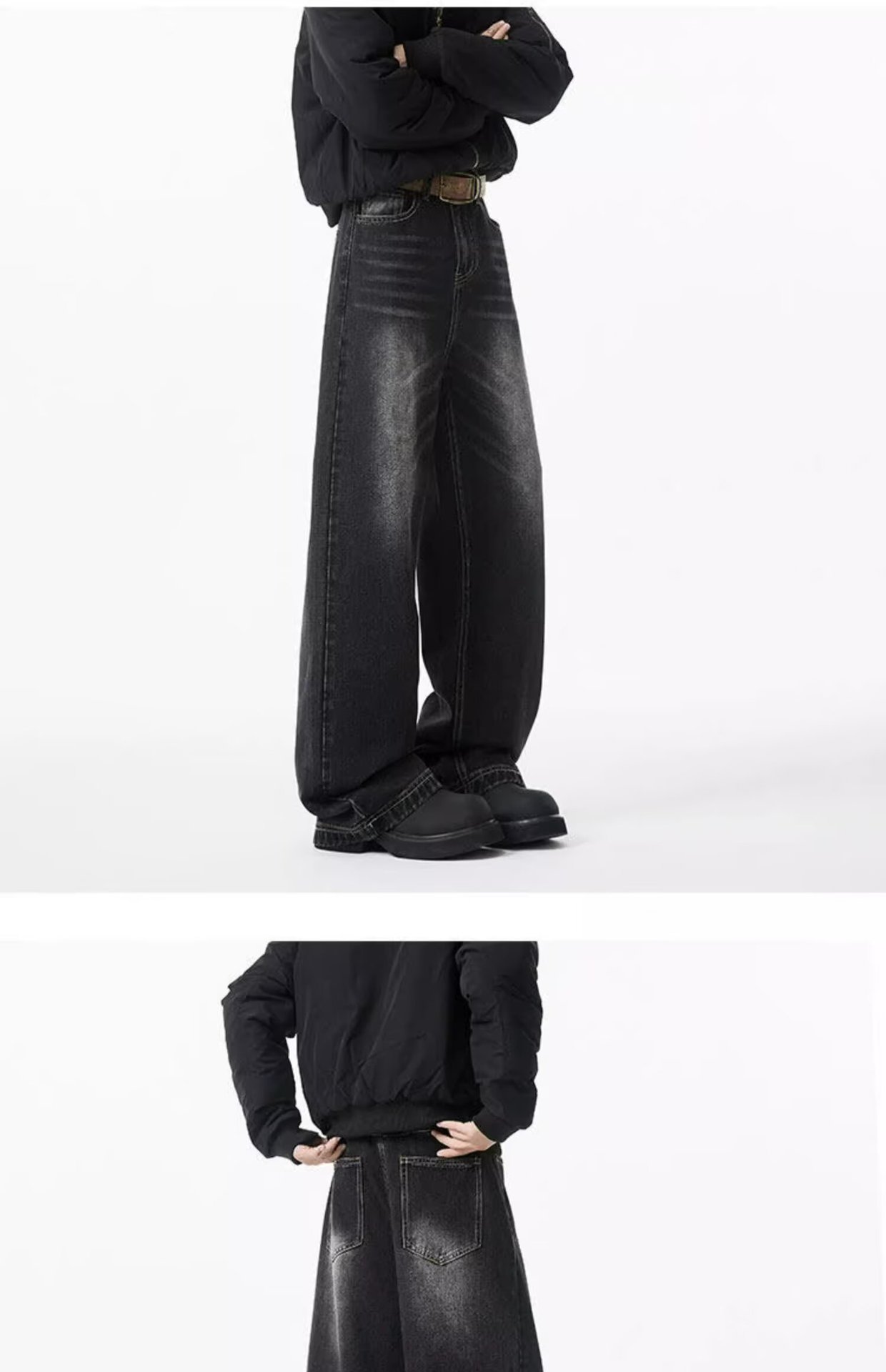 Men's Vintage Washed Denim Jeans Slightly Flared Wide-Leg Cat Whisker Detailing High-Street Style Cleanfit Black Blue (S-3XL)_mkmklike.com