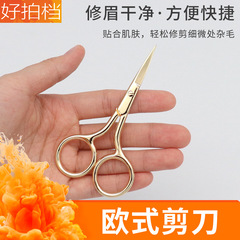 European-style eyebrow trimming scissors made of stainless steel, with gold-tone mini nose hair trimmers—perfect for both men and women as makeup tools and beauty accessories.