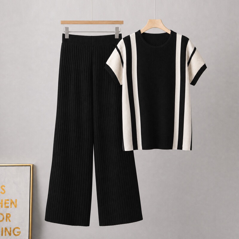 2026 European and American Cross-Border New Style Pleated Color-Blocking Loose Fashion Casual Short-Sleeve Top and Wide-Leg Pants Knit Set 2026 European and American Cross-Border New Style Pleated Color-Blocking Loose Fashion Casual Short-Sleeve Top and Wide-Leg Pants Knit Set