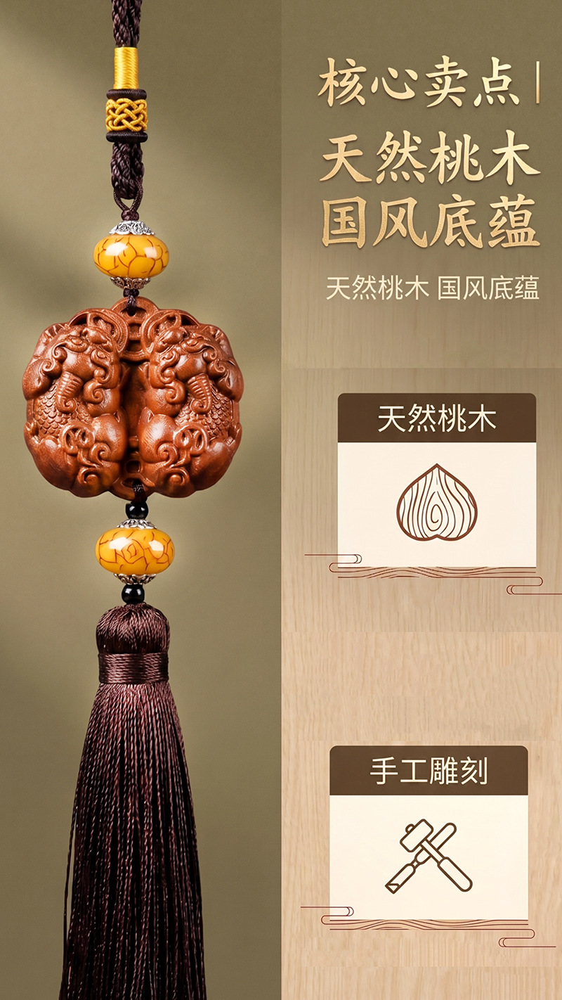 Peach wood pendant, peace amulet, double Pixiu wood carving, car hanging ornament, safe journey, five blessings, car pendant, hand-held ornament