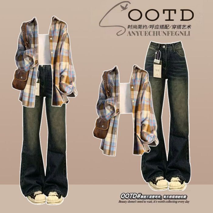 Fashion Suit # Maillard Plaid Shirt Thin Jacket Japanese Style Paired with American Retro Flared Wide-Leg Jeans