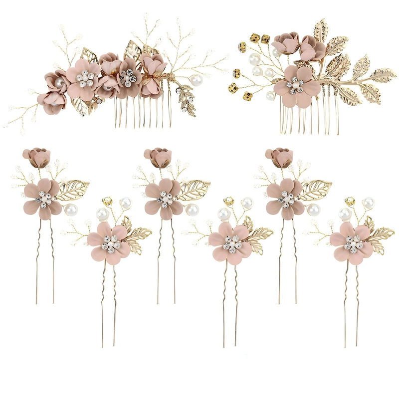 クロスボーダーの金色の葉の髪の櫛の髪の飾りの手作りの花嫁のセットの頭の飾りの花の挿し木の髪のヘアピンの花嫁の装飾品|undefined