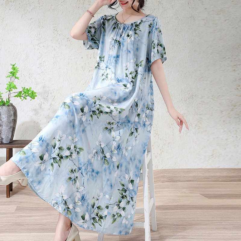 Mother's homewear pure cotton silk nightgown, summer floral dress, women's short-sleeved plus-size loose elegant long dress Mother's homewear pure cotton silk nightgown, summer floral dress, women's short-sleeved plus-size loose elegant long dress